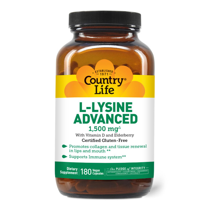 Country Life L-Lysine 1500mg Capsules with Vitamin D & Elderberry  Advanced Immune Support and Collagen Renewal  Certified Gluten-Free & Vegan  18