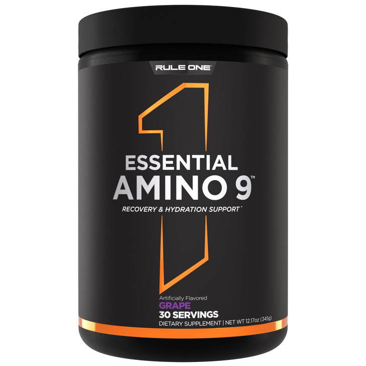 Rule 1 Essential Amino 9  Recovery & Hydration Support with 7.5g of Essential Amino Acids + Electrolytes (Grape, 30 Servings)