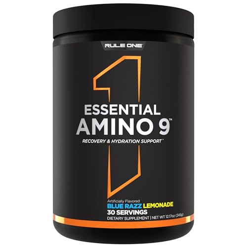 Rule 1 Essential Amino 9  Recovery & Hydration Support with 7.5g of Essential Amino Acids + Electrolytes (30 Servings, Blue Razz Lemonade)
