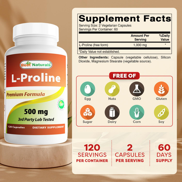 Best Naturals L-proline Amino Acid Dietary Supplement 500 Mg, 120 Count (817716014456)