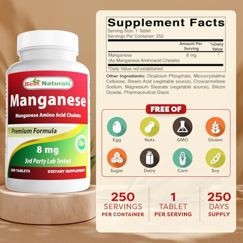 Best Naturals Manganese (Manganese Amino Acid Chelate) 8 mg- 250 Tablets