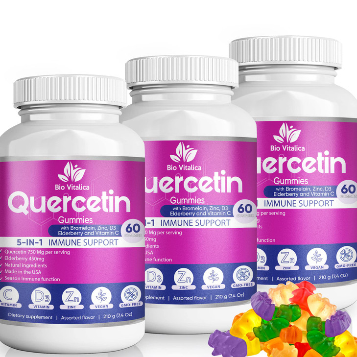(3 Pack) Quercetin Gummies by BioVitalica - Quercetin with Bromelain Vitamin C and Zinc & Elderberry + Vitamin D3-5 in 1 Immune Support - Zinc Querce
