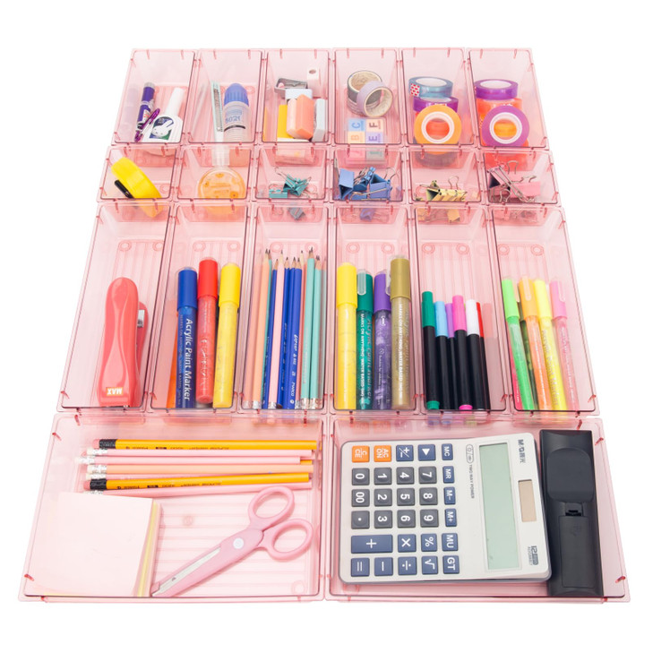 25 Pack Desk Drawer Organizer Set,Vanity and Desk Drawer Storage Bins,Clear Plastic Drawer Organizer Trays for Makeup,Office,Bathroom and Kitchen(pin