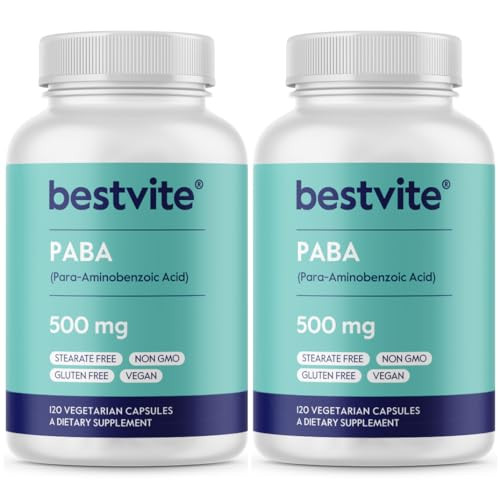 BESTVITE PABA 500mg (240 Vegetarian Capsules) (120 x 2) (para-Aminobenzoic Acid) - No Stearates - Vegan - Non GMO - Gluten Free