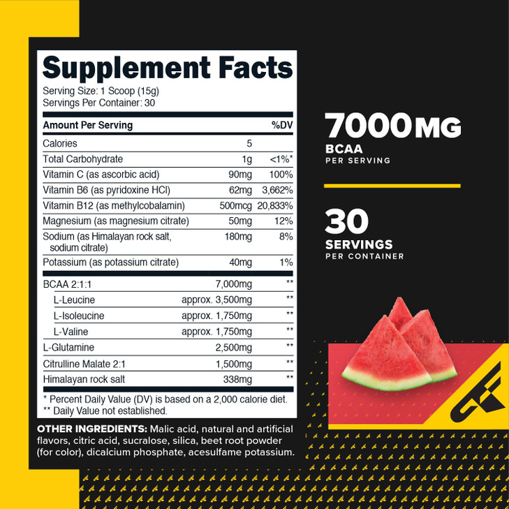 Primaforce BCAA Powder (Watermelon) - 7000MG 2:1:1 BCAAs, 30 Servings, Post-Workout Recovery Drink with Amino Acids and Real Salt for Men & Women