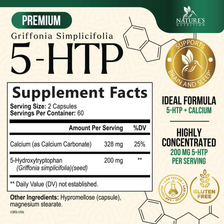 5HTP 200mg Capsules - 5 HTP Supplement Plus Calcium for Brain Health & Sleep Support, Extra Strength Griffonia Simplicifolia 5-HTP Formula, 5 Hydroxy