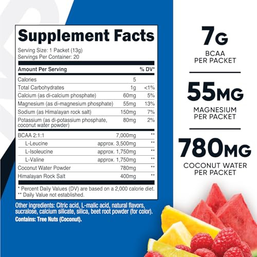 Nutricost BCAA+ Hydration Fruit Punch Flavor (20 Stickpacks) - Branched Chain Amino Acids with Hydration Complex - Gluten-Free, Non-GMO