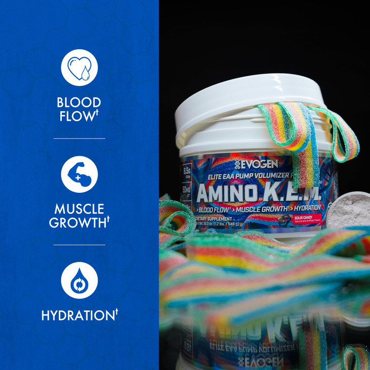 Evogen Amino K.E.M. - EAA & BCAA Powder Pump Volumizer | BCAAs Amino Acids Supplement for Blood Flow, Muscle Growth, & Hydration | Sour Candy | 30 Se