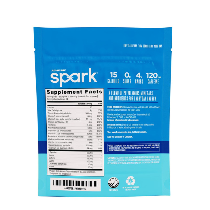 AdvoCare Spark - Energy Drink Mix - Vitamin & Amino Acid Supplement - Supports Energy & Focus - Portable Immune Support - Sugar-Free - Blue Raspberry