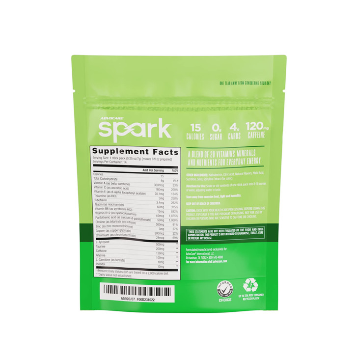 AdvoCare Spark - Energy Drink Mix - Vitamin & Amino Acid Supplement - Supports Energy & Focus - Portable Immune Support - Sugar-Free - Limeade, 14 St