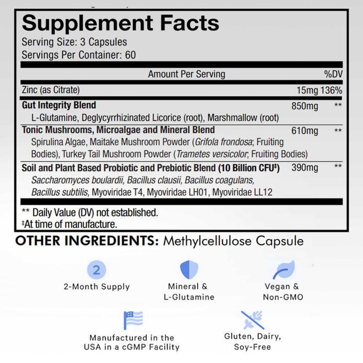 Codeage Gut Health Supplements Vegan Formula - L Glutamine, Zinc, Turkey Tail Mushroom Powder, Tonic Mushroom, Maitake, Micro Algae, Mineral, Licoric