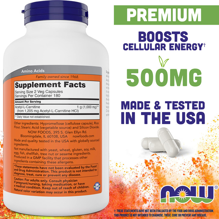 NOW Foods Now Acetyl L Carnitine 500mg, 360 Veg Capsules - Non-GMO ACL 500 mg Caps