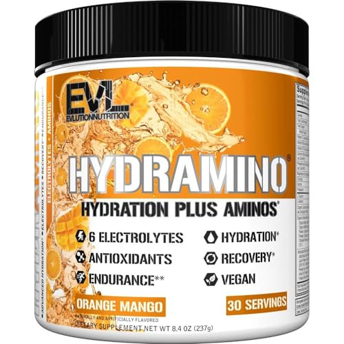 Evlution Nutrition HYDRAMINO Complete Hydration Multiplier, All 6 Electrolytes, Vitamin C & B, Fluid Boosting Aminos, Coconut Water, Endurance, Recov