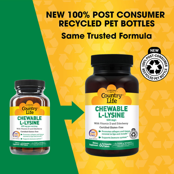 Country Life Chewable L-Lysine Supplement with Vitamin D and Elderberry, Immune Support and Collagen Renewal for Skin Tissue, Ideal for Adults