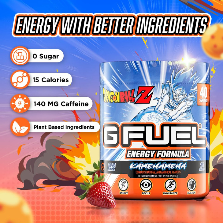 G Fuel Dragon Ball Z Energy Drink Powder, Pre Workout Caffeine Mix for Gaming, Sugar Free Focus Amino, Vitamin + Antioxidants, 9.8oz (Strawberry Lych