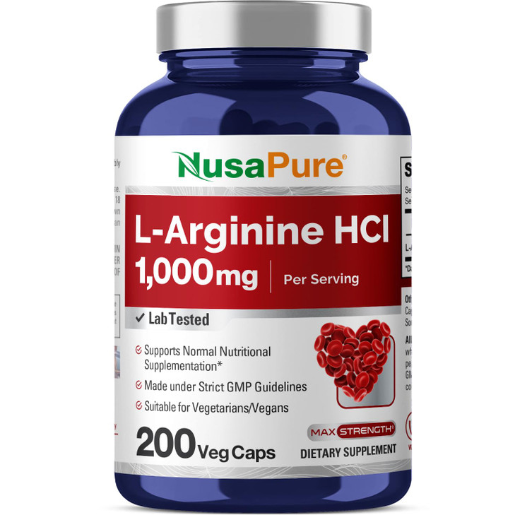NusaPure L-Arginine 1000 mg 200 Veggie Capsules (Non-GMO, Vegetarian, Vegan)