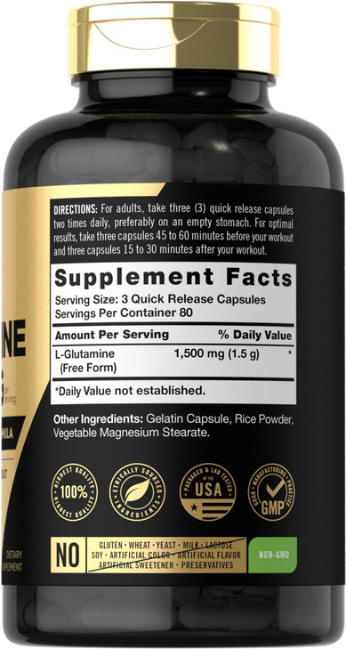 Carlyle L Glutamine Capsules | 1500mg | 240 Count | Advanced Athlete Formula | Pre and Post Workout | Non-GMO, Gluten Free Supplement