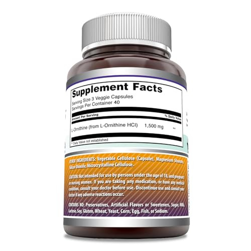 Amazing Formulas L-Ornithine 1500 Mg Per Serving Veggie Capsules Supplement | Non-GMO | Gluten Free | Made in USA (120 Count)