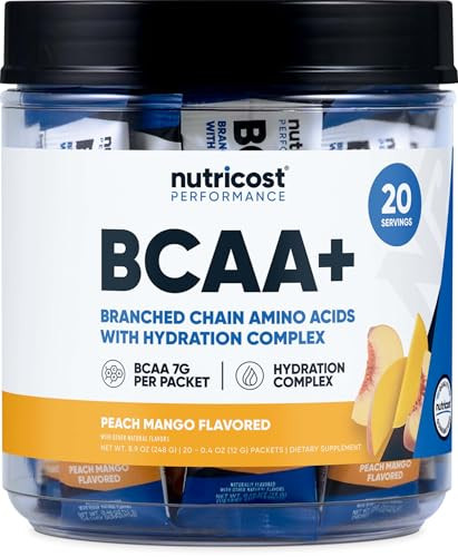 Nutricost BCAA+ Hydration Peach Mango Flavor (20 Stickpacks) - Branched Chain Amino Acids with Hydration Complex - Gluten-Free, Non-GMO