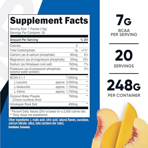 Nutricost BCAA+ Hydration Peach Mango Flavor (20 Stickpacks) - Branched Chain Amino Acids with Hydration Complex - Gluten-Free, Non-GMO