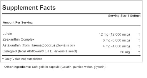 ANDREW LESSMAN Maximum L+Z with Astaxanthin 30 Softgels - 12mg Lutein, 6mg Zeaxanthin, 4mg Astaxanthin. Key Nutrients to Support Eye and Brain Health