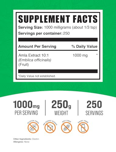 BulkSupplements.com Amla Extract Powder - Indian Gooseberry Extract, Amla Powder - Gluten Free, 1g per Serving, 250g (8.8 oz) (Pack of 1)