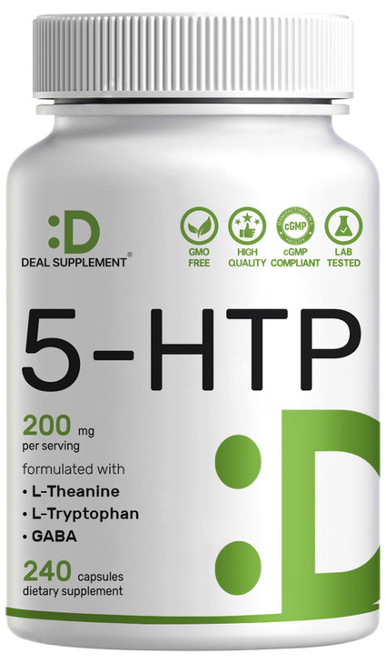 Deal Supplement 5-HTP 200mg Per Serving, 240 Capsules, 98% African Derived Griffonia Seed Extract | 4 in 1 Formula | Plus Active L Theanine, L Trypto