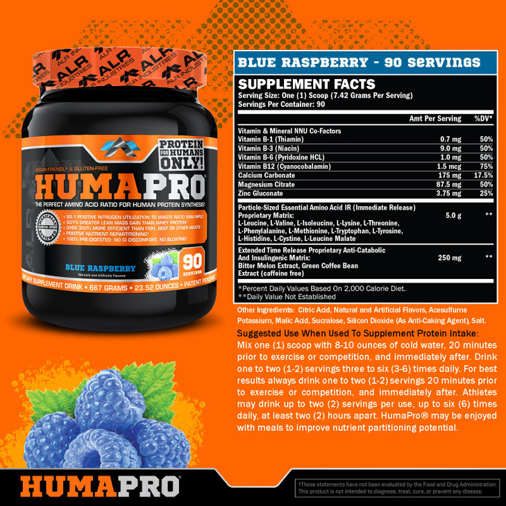 ALR Industries Humapro | Amino Acids Protein Matrix for Humans | 99% Utilization for Lean Muscle | Vegan, Gluten Free | 667g / 90 Servings (Blue Rasp
