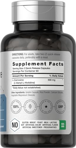 Horbäach L-Carnosine 500mg | 120 Capsule Supplement | Non-GMO & Gluten Free Powder Pills