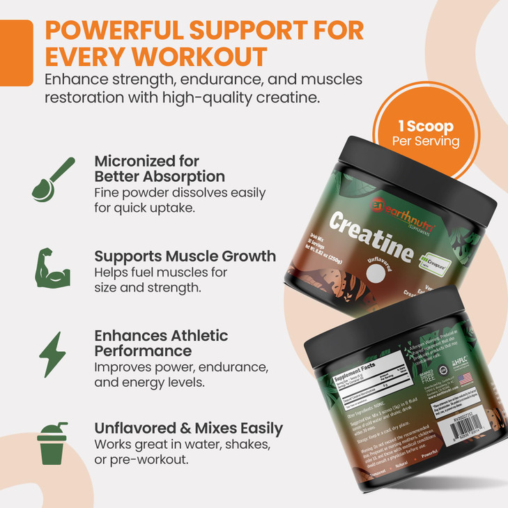 EarthNutri Creatine Monohydrate Powder - Micronized for Better Absorption - Supports Muscle Strength, Strength & Recovery (Powder - Unflavored)