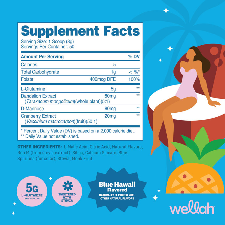 Wellah L-Glutamine Powder Blue Hawaii (50 Servings) - 5g L-Glutamine Per Serving, Sweetened with Stevia