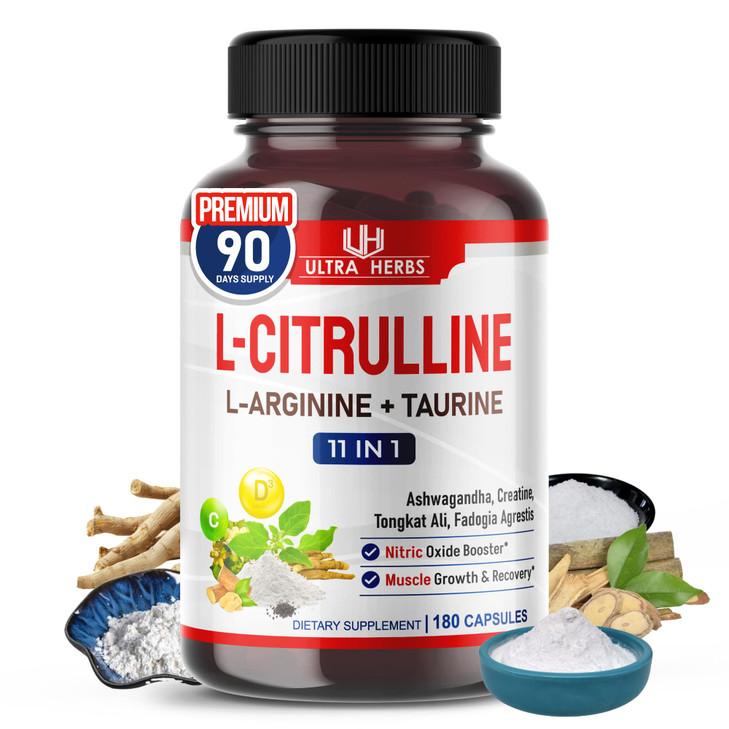 L-Citrulline Supplement Capsules Enriched with L-Arginine, Taurine, Creatine, Tongkat Ali, Fadogia Agrestis | Ultra Nitric Oxide Booster for Muscle E