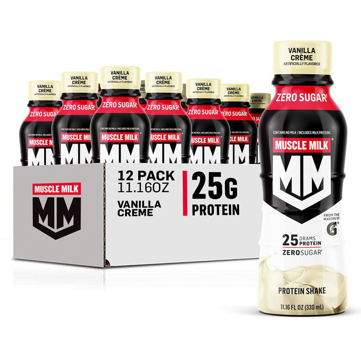 Muscle Milk Genuine Protein Shake, Vanilla Creme, 11.16 Fl Oz Bottle, 12 Pack, 25g Protein, Zero Sugar, Calcium, Vitamins A, C & D, 5g Fiber, Energiz