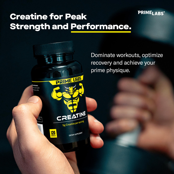 Prime Labs Creatine Monohydrate Capsules - 5g (5000mg) - Muscle Growth, Recovery, Brain Function - for Men & Women - 120 Count