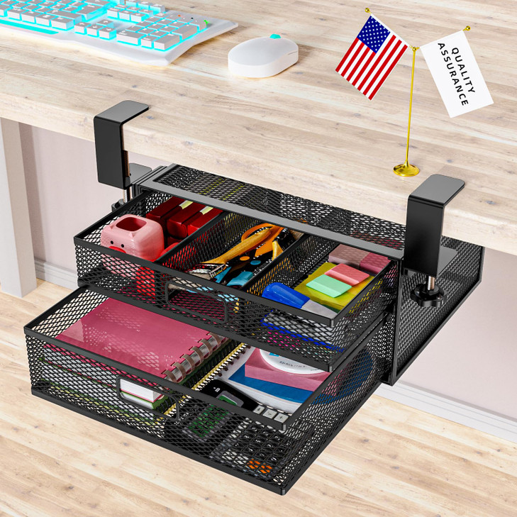 SRJZMLY Under Desk Drawer Organizer No Drill Metal Under Desk Storage Drawer Container 2 Slide Out Cabinet Drawer Suitable for Home And Office (Mediu