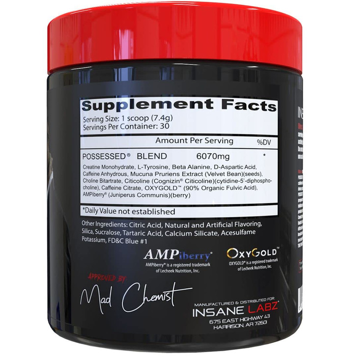 Insane Labz Possessed Low Stimulant Testosterone Boosting Pre Workout Powder, Loaded with D Aspartic Acid and Creatine Fueled by AMPiberry and OXYgol