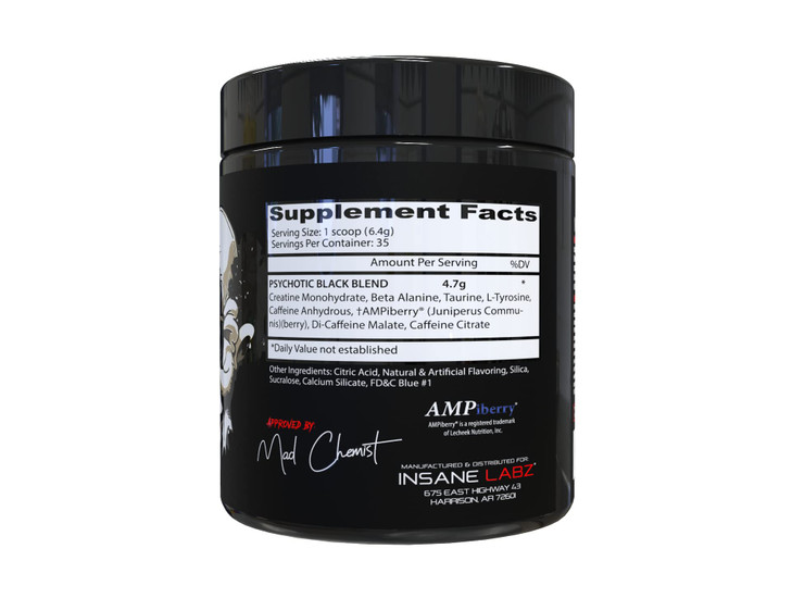 Insane Labz Psychotic Black Edition Mid Stimulant Pre Workout Powder, Energy Focus Pumps, Loaded with Creatine Beta Alanine Taurine Fueled by AMPiber