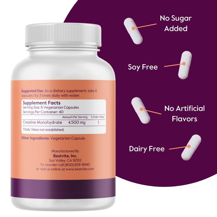 BESTVITE Creatine Monohydrate 750mg (240 Vegetarian Capsules) - Micronized - No Stearates - Vegan - Non GMO - No Gelatin - Gluten Free - Creatine Cap