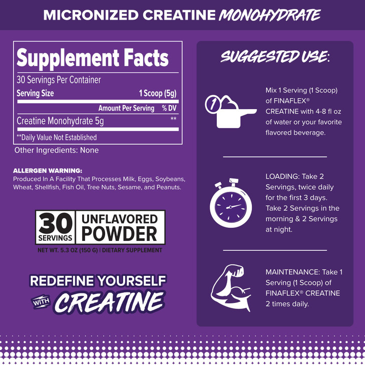 FINAFLEX Pure CREATINE, Unflavored - 5.3 oz - Promotes Muscular Strength, Size & Performance - 100% Pure, Micronized Creatine Monohydrate - NSF Certi