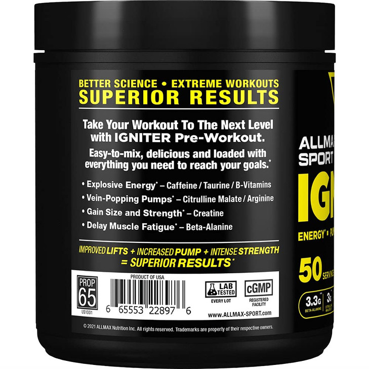 ALLMAX IGNITER Sport, Blue Raspberry - 330 g - Pre-Workout Formula - with Caffeine, L-Citrulline, L-Arginine, Creatine & Beta Alanine - Up to 50 Serv