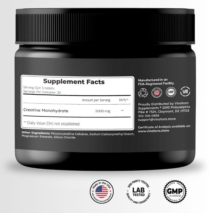 VINATURA Creatine Monohydrate Pills 5g - creatine Tablets, creatine Pills for Men, Women, creatina en capsulas *USA Made & Tested* Unflavored, creati