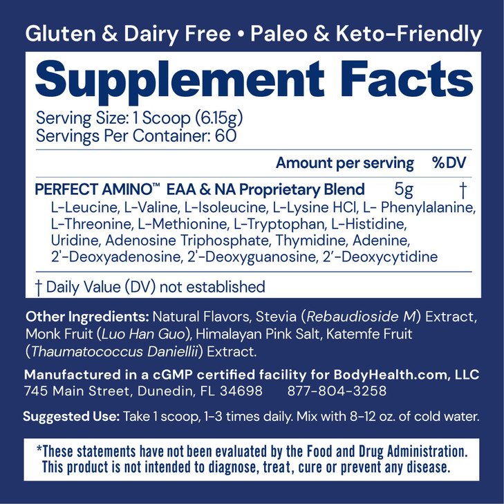 BodyHealth PerfectAmino Powder - BCAA and EAA Powder for Pre and Post Workout - Amino Acid Energy Drink for Men and Women to Support Lean Muscle and