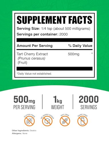 BulkSupplements.com Tart Cherry Extract Powder - Tart Cherry Supplement, Herbal Supplement - Antioxidant Source, Gluten Free, 500mg per Serving, 1kg