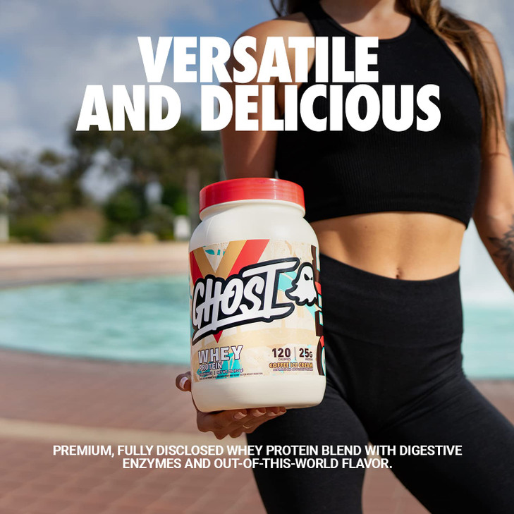 GHOST Whey Protein Powder, Coffee Ice Cream - 2LB, 25G of Protein - Whey Protein Blend - ­Post Workout Fitness & Nutrition Shakes, Smoothies, Baking