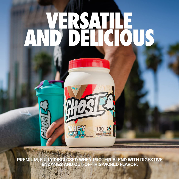 GHOST Whey Protein Powder, Milk Chocolate - 2LB, 25G of Protein - Whey Protein Blend - ­Post Workout Fitness & Nutrition Shakes, Smoothies, Baking &