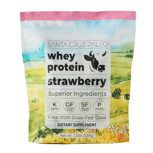 Santa Cruz Paleo Whey Protein Powder, Strawberry, 20g Grass Fed Whey Protein Isolate Per Serving, Gluten Free, Keto, Sugar Free, Paleo, Natural, Post