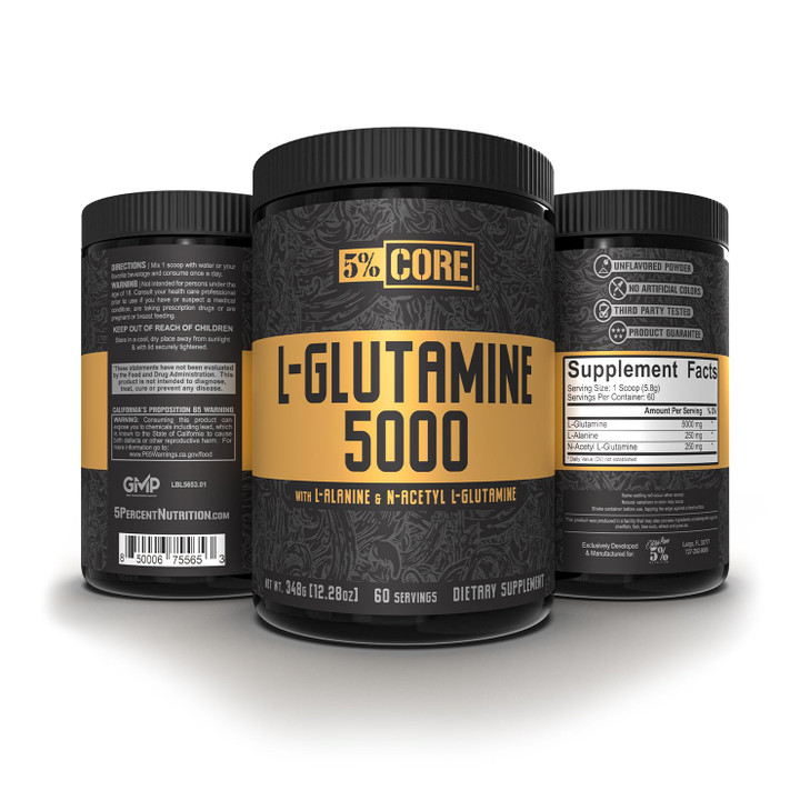 5% Nutrition Core L-Glutamine 5000 Supplement w/L-Alanine | Immune & Digestive Support | Amino Acid Muscle Builder Post Workout Recovery | Unflavored