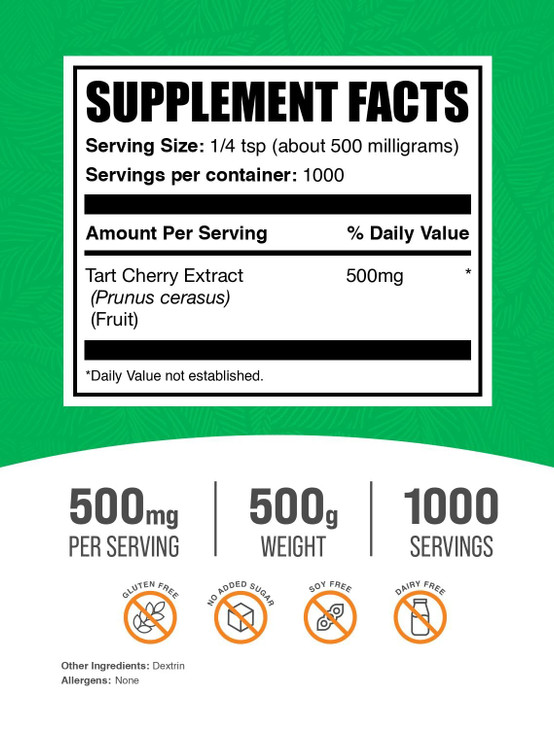 BulkSupplements.com Tart Cherry Extract Powder - Tart Cherry Supplement, Herbal Supplement - Antioxidant Source, Gluten Free, 500mg per Serving, 500g