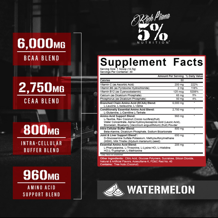 5% Nutrition Rich Piana AllDayYouMay BCAA Powder | Premium Intra & Post Workout Amino Acids, EAA, Electrolytes | Hydration, Endurance, Recovery | Veg