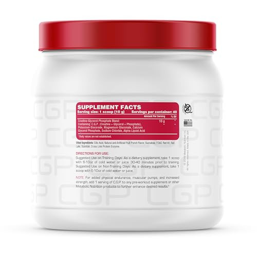 Metabolic Nutrition, CGP, Creatine Glycerol Phosphate, 100% Micronized Creatine Powder, Pre Intra Post Workout Supplement, Fruit Punch, 400 Grams (40